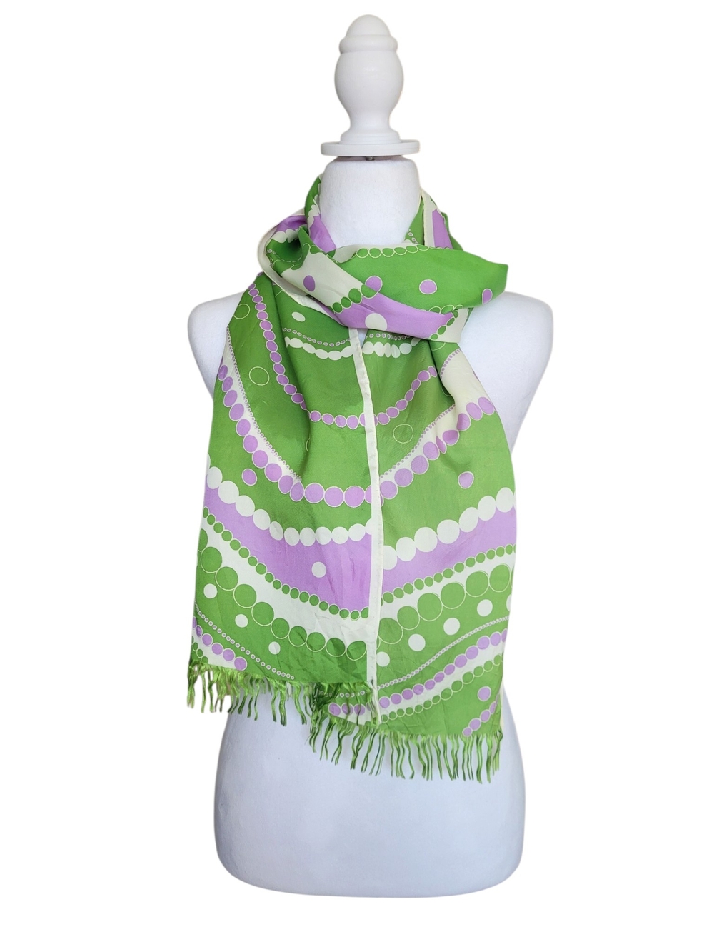 Vintage Mod 60s Op Art Green & Lavender Long Fringe Scarf - Picture 2 of 11
